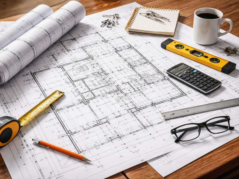 Bauberatung - Baupläne auf Tisch Baupläne während Bauberatung auf Tisch mit Stift, Meter, Rechner, Wasserwaage und Kaffeetasse